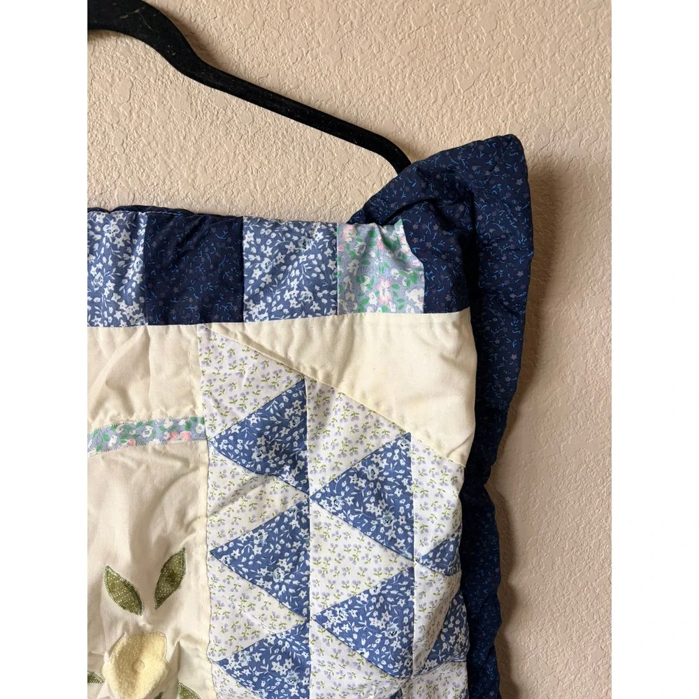 Patchwork Baby Quilt Floral Applique‎ Blue White Cottagecore Standard Sham